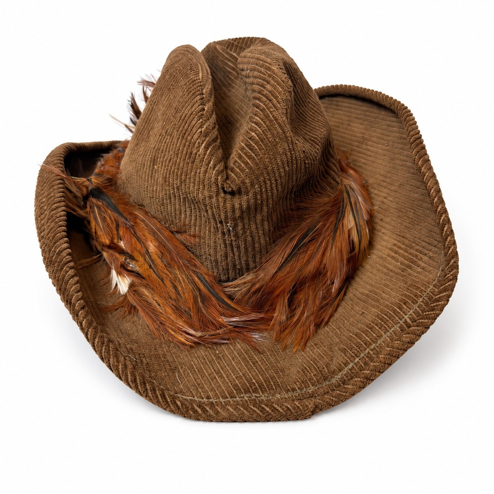 Vintage Brown Corduroy Cowboy Hat Feather Band Western Union Made Unisex